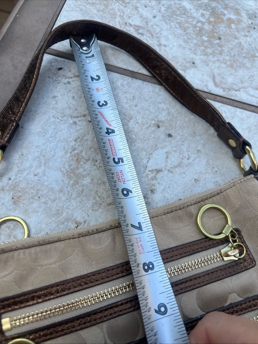 Coach Beige and Brown Signature Mini Shoulder Bag with Gold Hardware